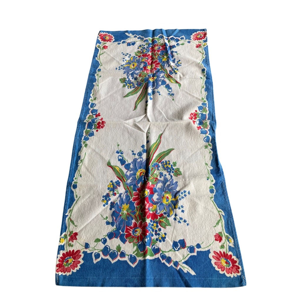 Vintage Floral Cotton Tea Towel Blue Red White Mid Century Retro‎ Kitchen Linen